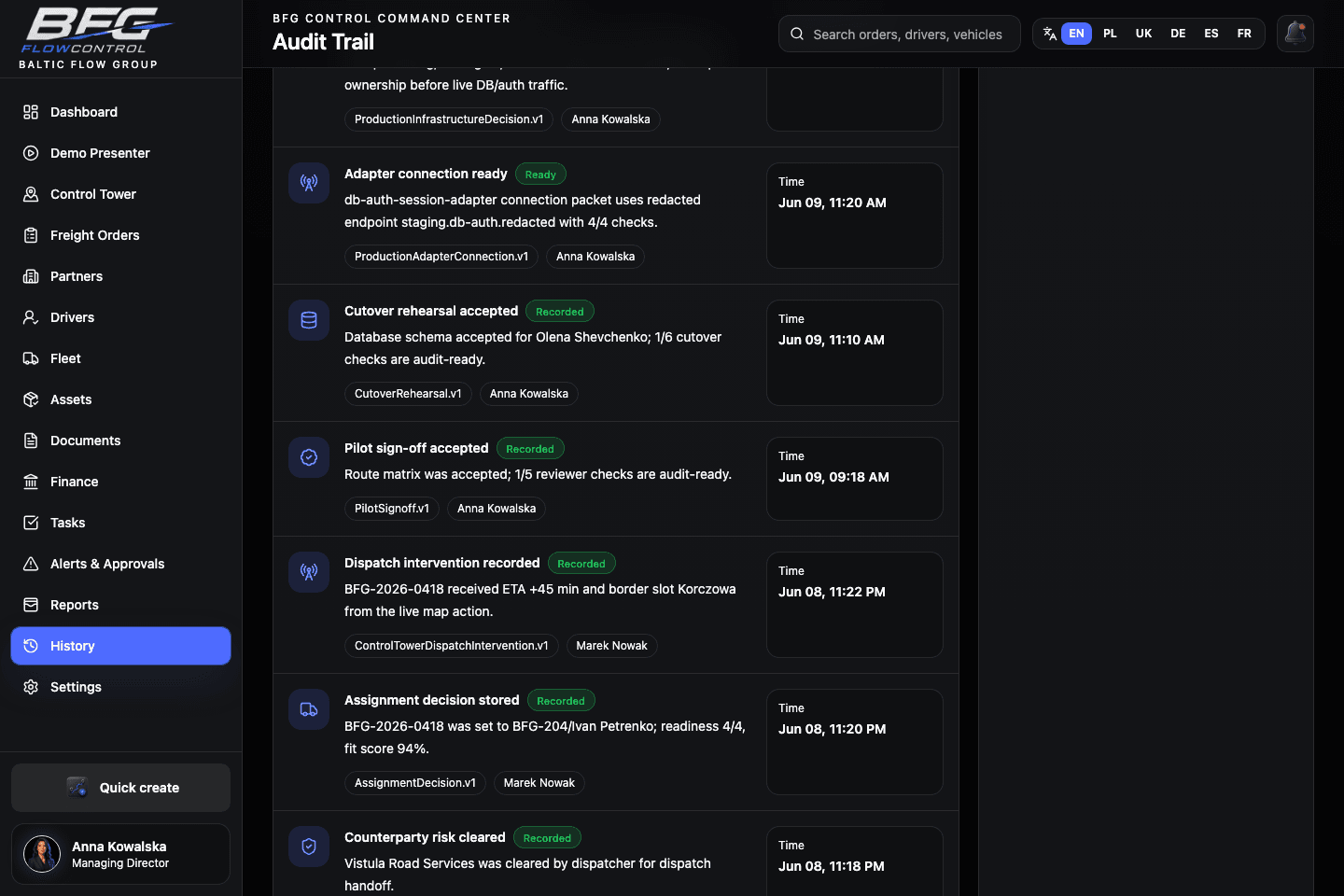Pilot sign-off audit chain screenshot