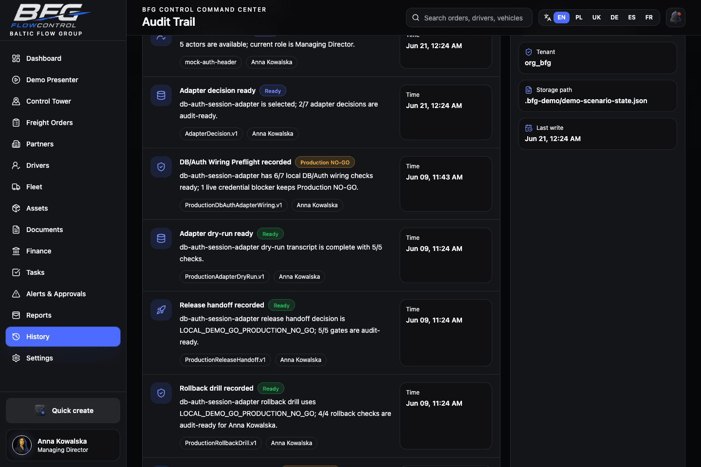 Production adapter dry-run audit chain screenshot