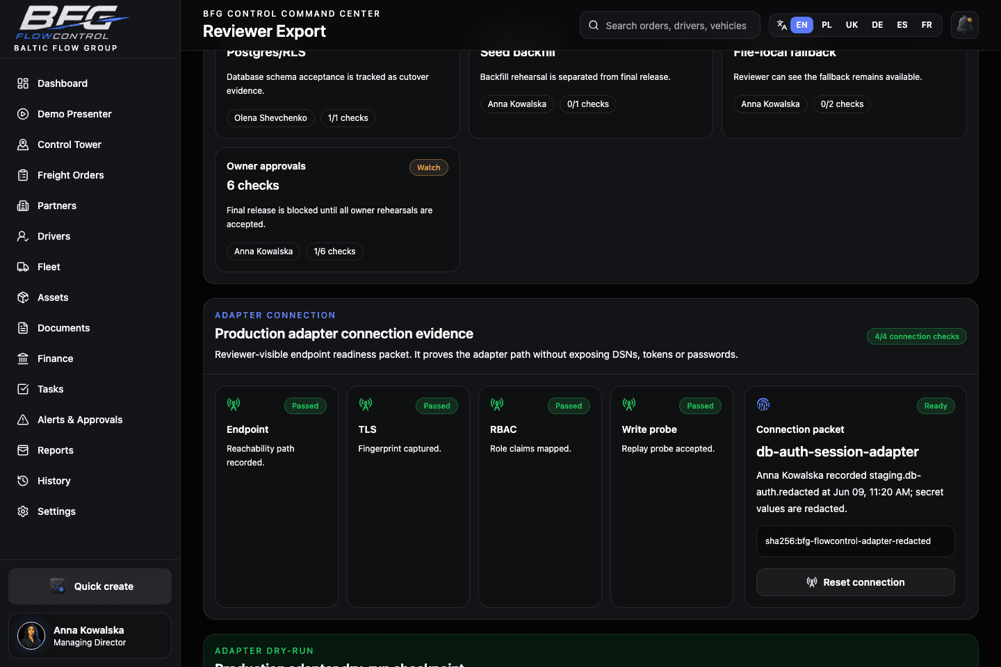 Production adapter connection screenshot