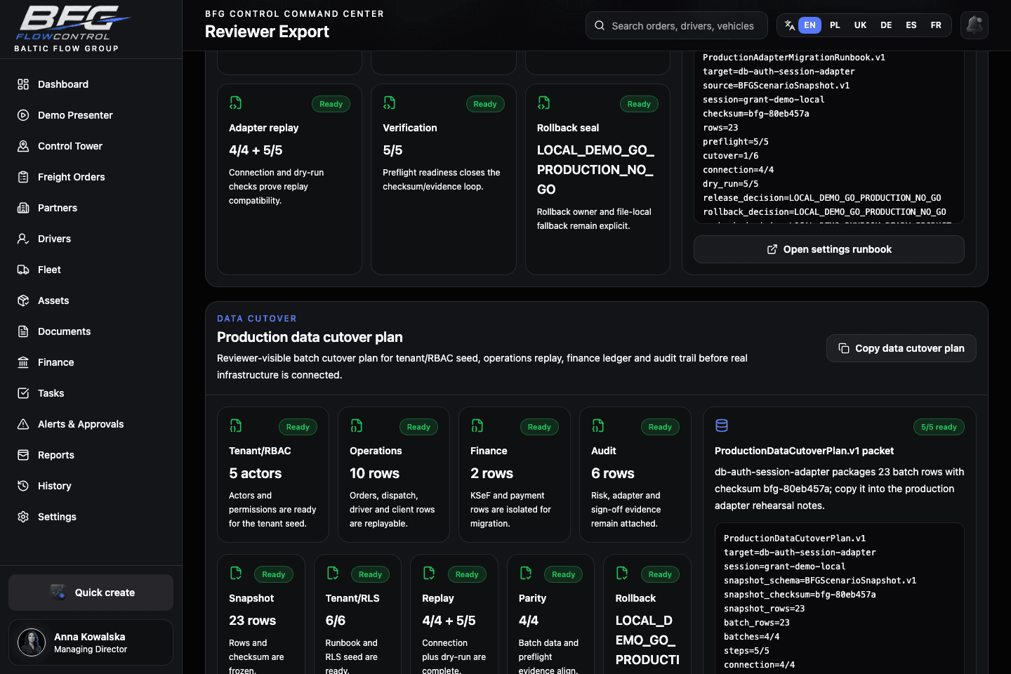 Production data cutover plan screenshot